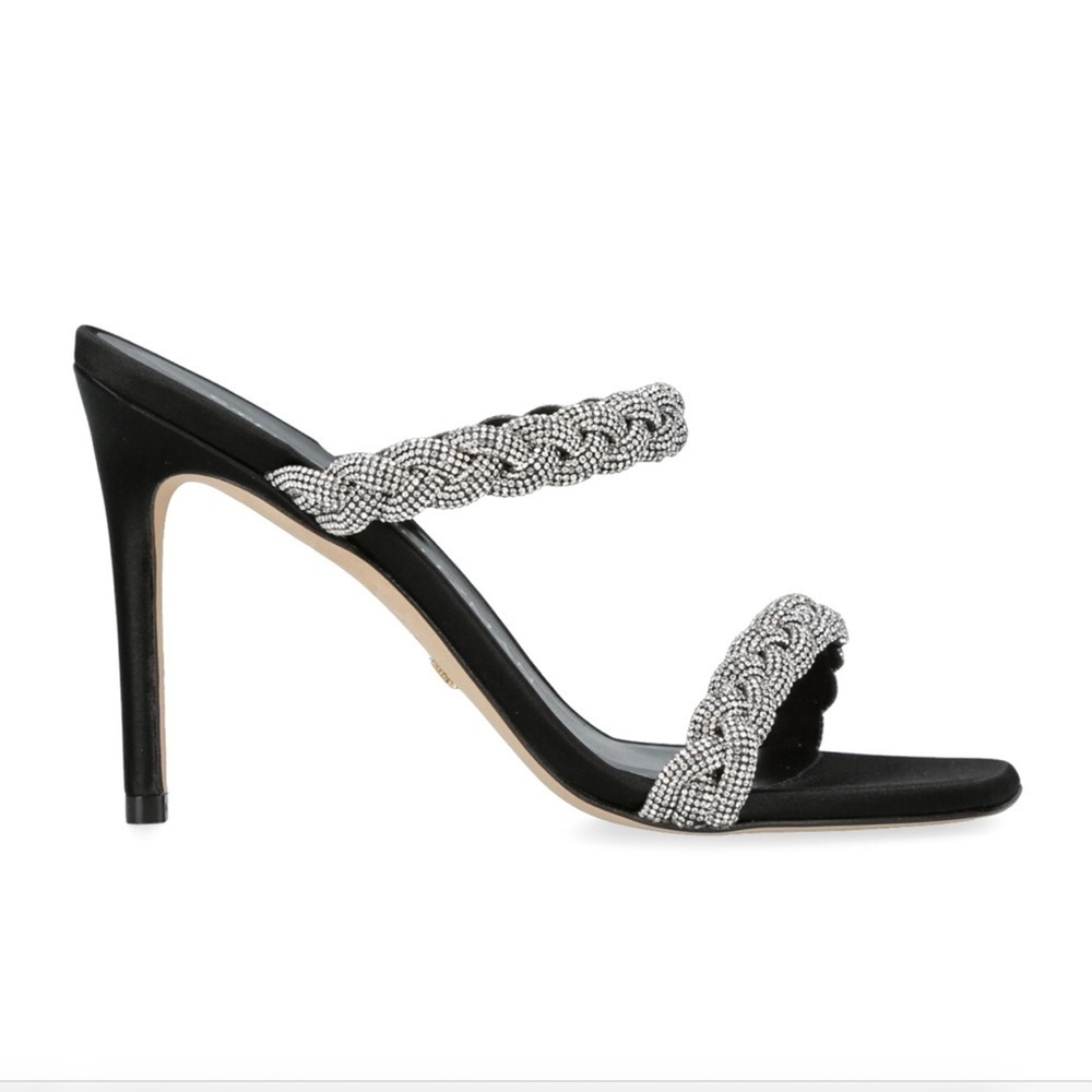 Stuart Weitzman Addison 100 black suede stiletto heels slide strap sandals Sz 6